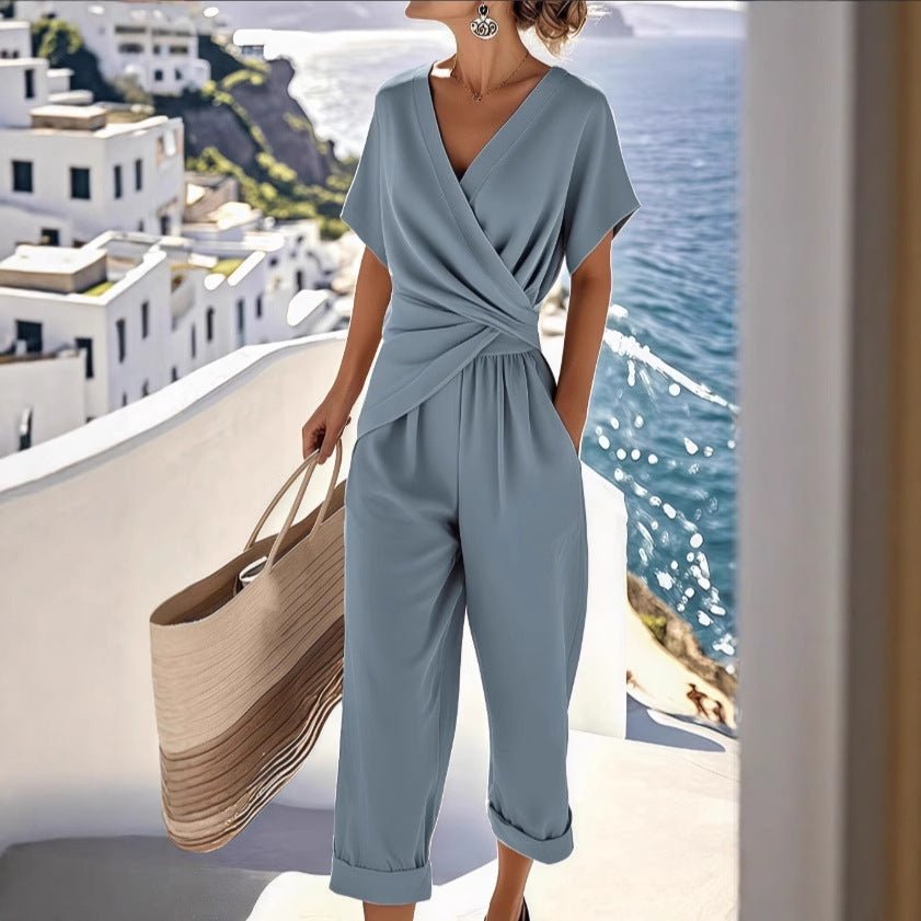 Women's Two Pieces Set Fashion Solid Color Irregular Short Sleeve Suit Summer Fashion V Neck Slim Office Suit Casual Pleated Irregular Top And Pants Female Outfit by null