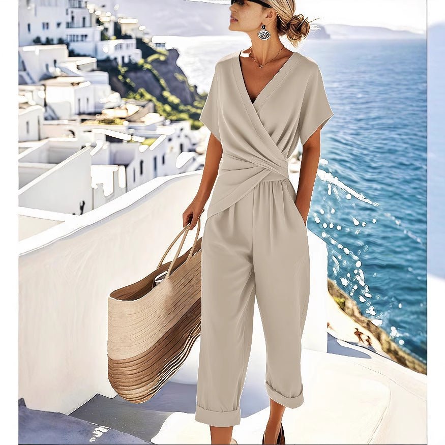 Women's Two Pieces Set Fashion Solid Color Irregular Short Sleeve Suit Summer Fashion V Neck Slim Office Suit Casual Pleated Irregular Top And Pants Female Outfit by null