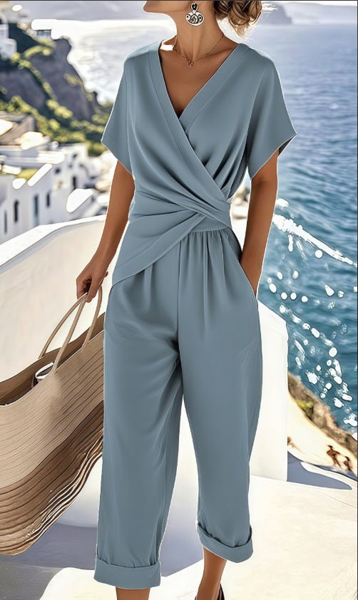 Women's Two Pieces Set Fashion Solid Color Irregular Short Sleeve Suit Summer Fashion V Neck Slim Office Suit Casual Pleated Irregular Top And Pants Female Outfit by null