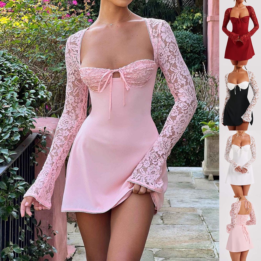 Y2K Lace Long Sleeve Dress Fashion Sexy Corset Backless Lace Up Short Dresses Womens Clothing by null